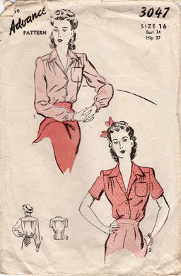 1940's Advance Button Up Blouse Pattern  - Bust 34