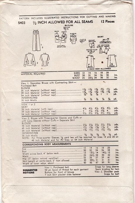 1950's Advance Half Button Blouse and Softly Pleated Skirt Pattern with Large Pockets  - Bust 32" - No. 5403