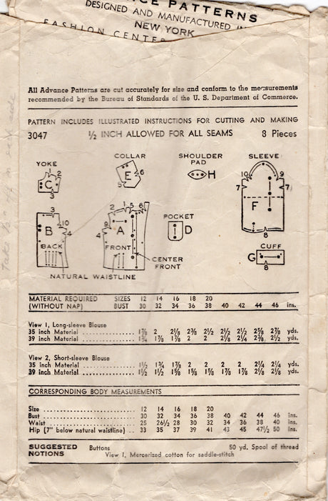 1940's Advance Button Up Blouse Pattern  - Bust 34" - No. 3047