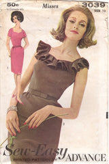 1960's Advance One-Piece Dress Pattern with Sweetheart Neckline and Ruffle Accent - Bust 32" - No. 3039