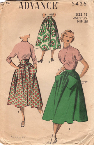 1950's Advance Flared Full Skirt Pattern with Patch Pockets - Waist 27
