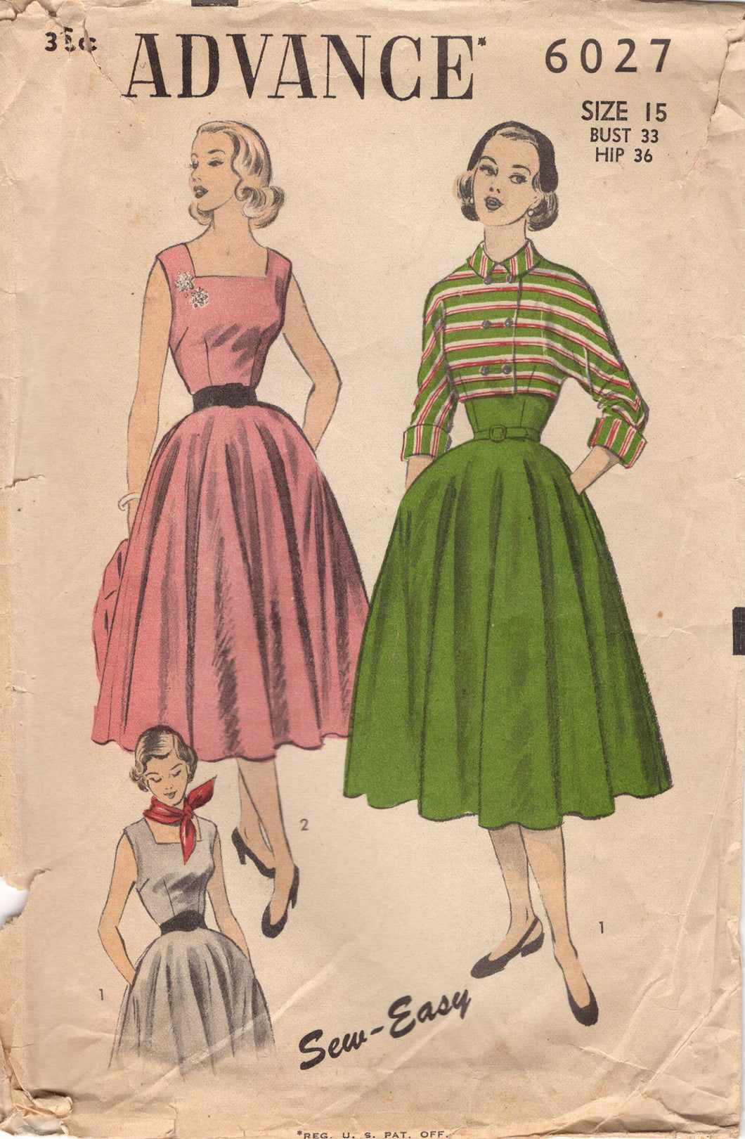 1950's Advance Fit and Flare Dress Pattern with Square Neckline and Double Breasted Crop Bolero Jacket - Bust 33