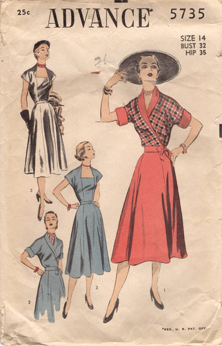 1950's Advance Fit and Flare Dress Pattern with Square Neckline and Wrap Jacket - Bust 32