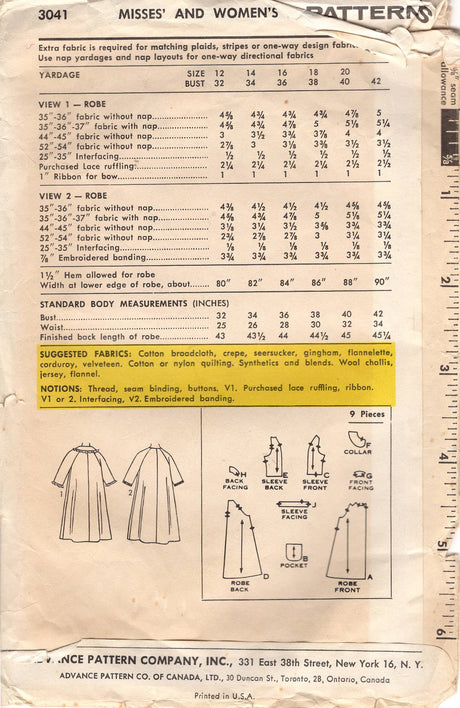 1960's Advance Robe Pattern with Patch Pockets and Optional Large Collar - Bust 32" - No. 3041