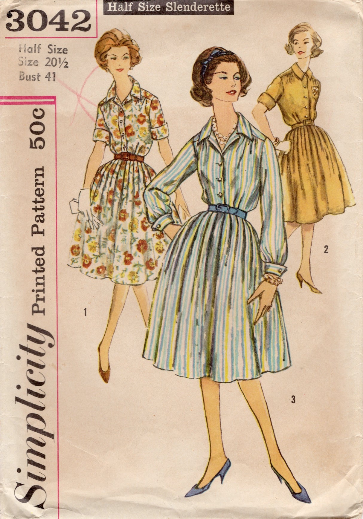 1950's Simplicity Shirtwaist Dress with Pleated Skirt - Bust 41" - No. 3042