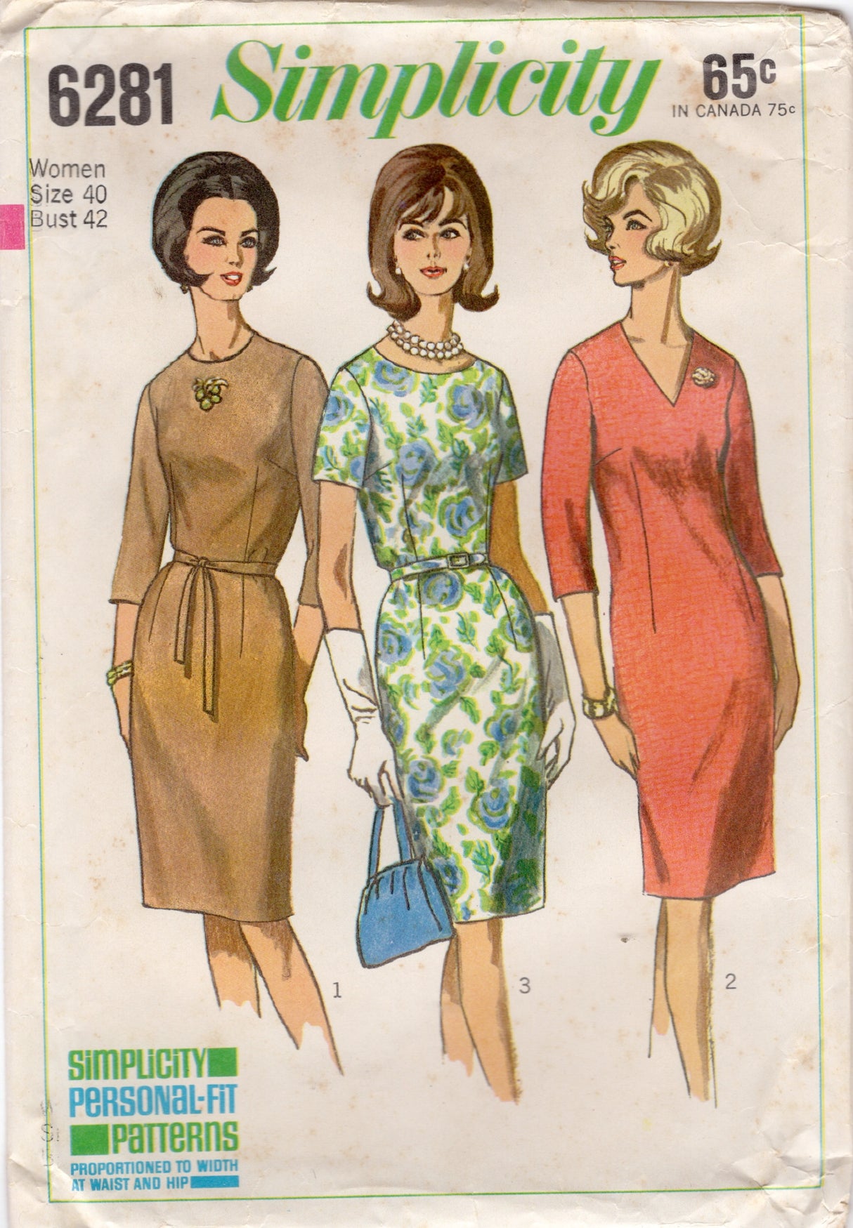 1960's Simplicity Sheath Dress Pattern with Rounded or V Neckline - Bust 42" - No. 6281