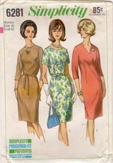 1960's Simplicity Sheath Dress Pattern with Rounded or V Neckline - Bust 42" - No. 6281