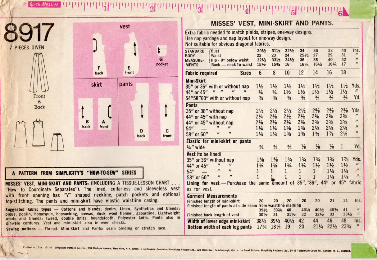 1970's Simplicity Pull-on Pants and Skirt Pattern  - Waist 31" - No. 8917