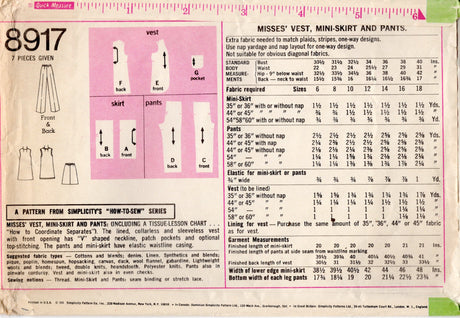 1970's Simplicity Pull-on Pants and Skirt Pattern  - Waist 31" - No. 8917