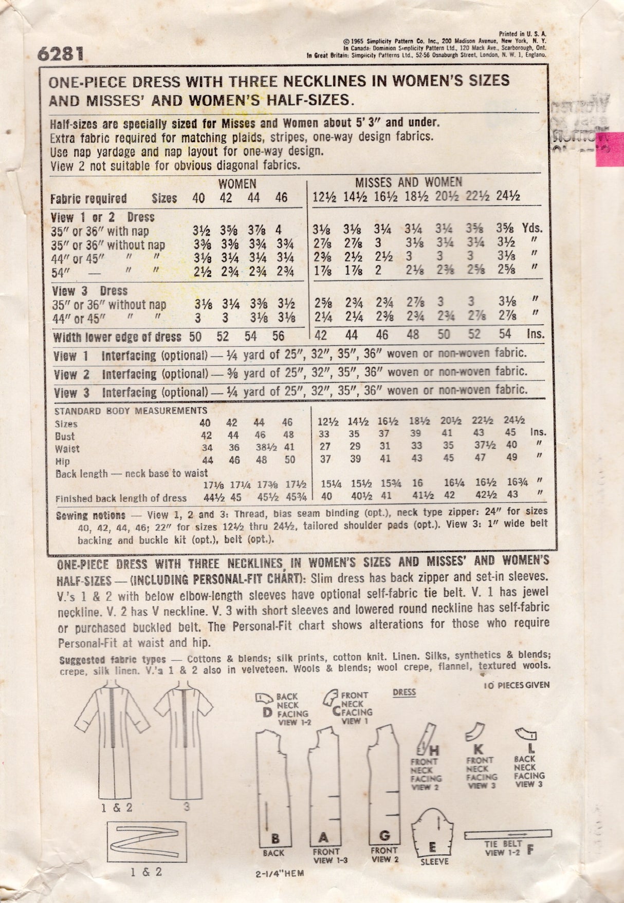 1960's Simplicity Sheath Dress Pattern with Rounded or V Neckline - Bust 42" - No. 6281