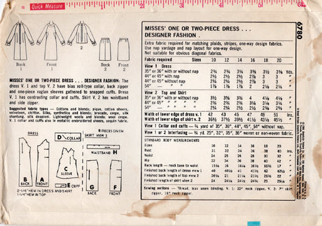 1960's Simplicity Raglan Sheath Dress or Tunic and Skirt Pattern - Bust 40" - No. 6780