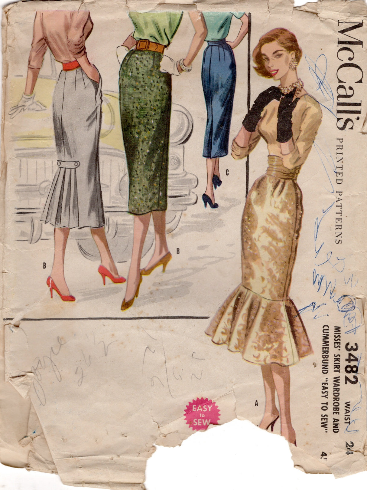 1950's McCall's Sheath Skirt Pattern with Back Kick pleat or Flounce - Waist 24" - No. 3482