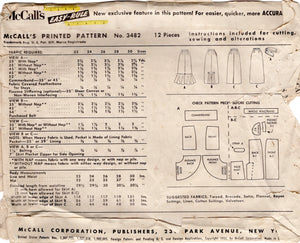 1950's McCall's Sheath Skirt Pattern with Back Kick pleat or Flounce - Waist 24" - No. 3482