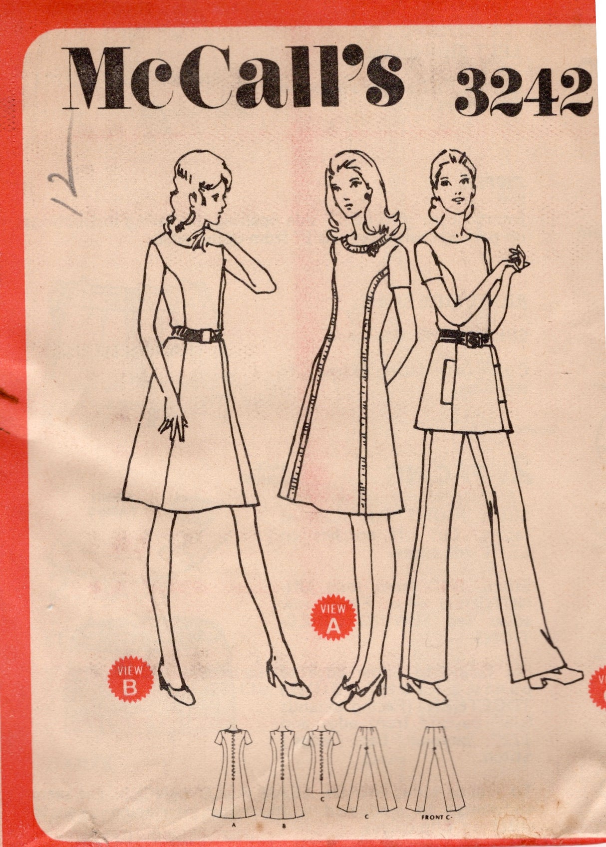 1970's McCall's Princess Line Dress or Tunic and Pants Pattern  - Bust 34" - No. 3242