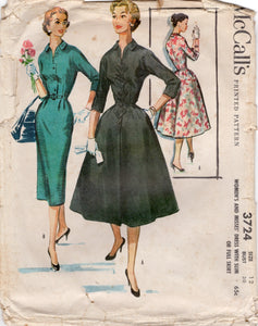 1950's McCall's Fit and Flare or Sheath Dress Pattern with Tab Accent Front - Bust 30" - No. 3724