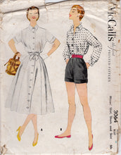 1950's McCall's Button Up Blouse, High Waisted Shorts and Skirt with Tie Waistband Pattern - Bust 30" - No. 3064