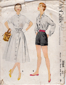 1950's McCall's Button Up Blouse, High Waisted Shorts and Skirt with Tie Waistband Pattern - Bust 30" - No. 3064