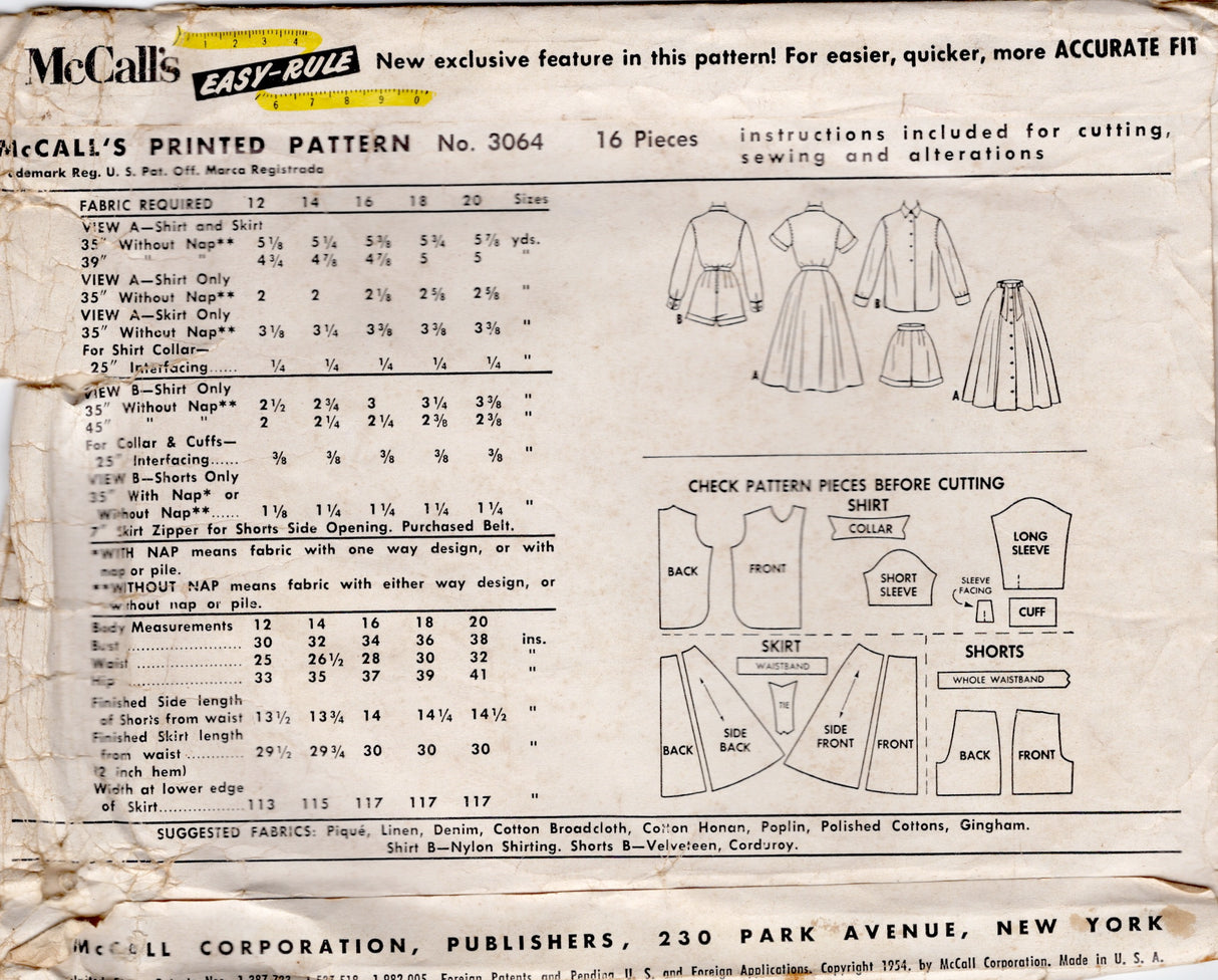 1950's McCall's Button Up Blouse, High Waisted Shorts and Skirt with Tie Waistband Pattern - Bust 30" - No. 3064