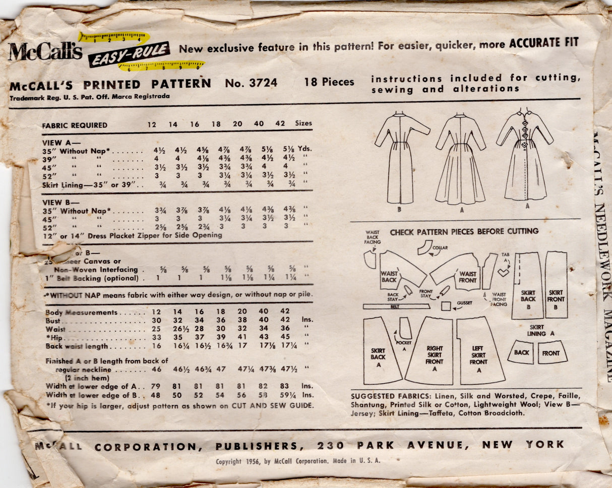 1950's McCall's Fit and Flare or Sheath Dress Pattern with Tab Accent Front - Bust 30" - No. 3724