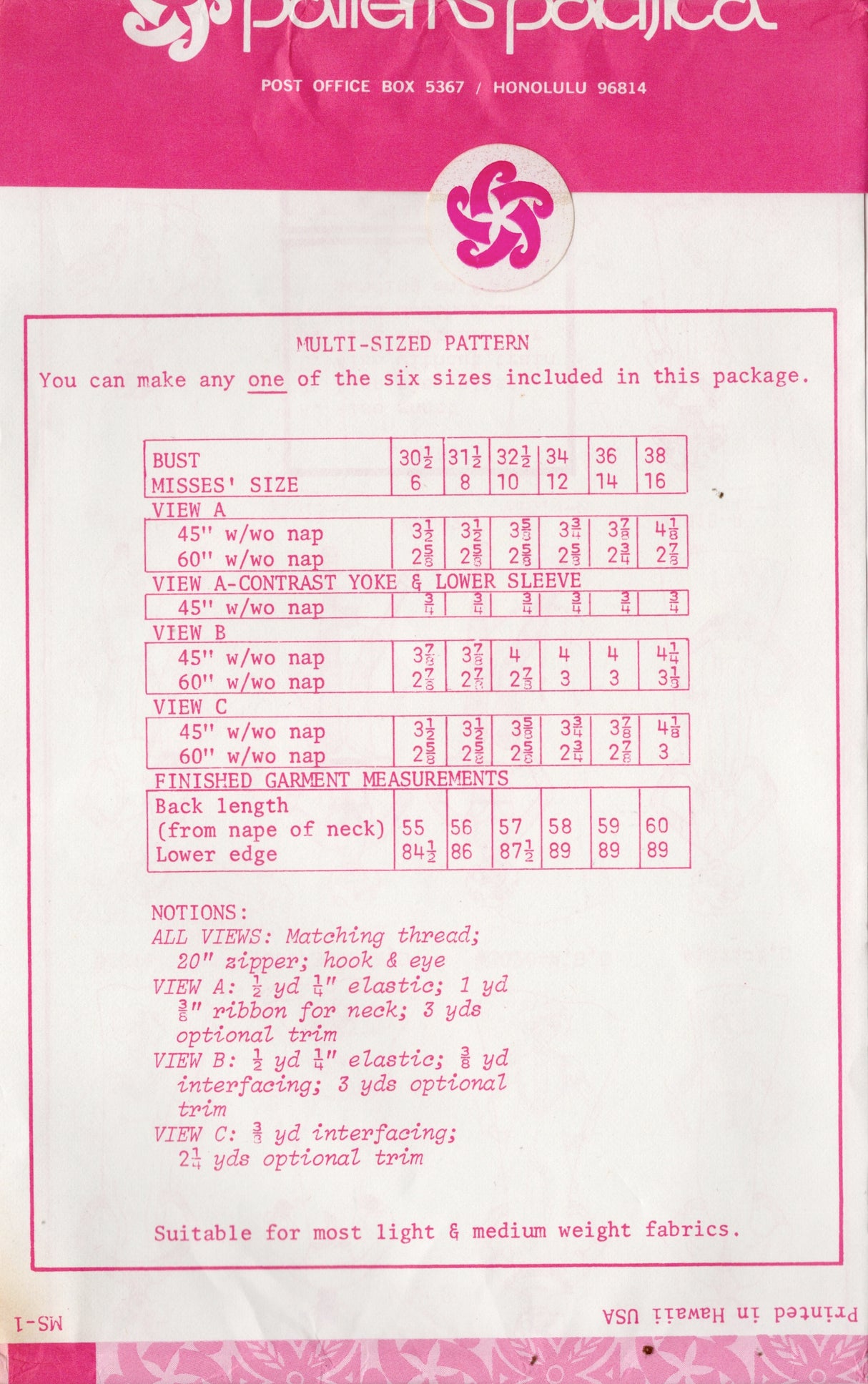 1970's Patterns Pacifica Empire Waist Dress Pattern - Bust 30.5-38" - No. 3068