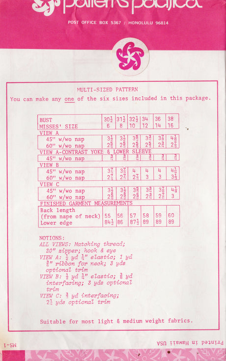 1970's Patterns Pacifica Empire Waist Dress Pattern - Bust 30.5-38" - No. 3068