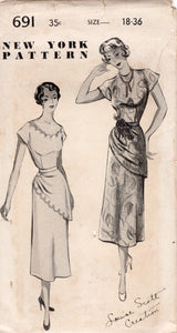 1950's New York Scallop or High Neckline Dress Pattern with Peplum - Bust 36" - No. 691