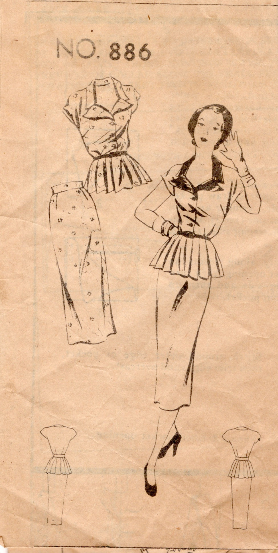 1940's New York Two Piece Peplum Dress Pattern - MYSTERY - No. 886