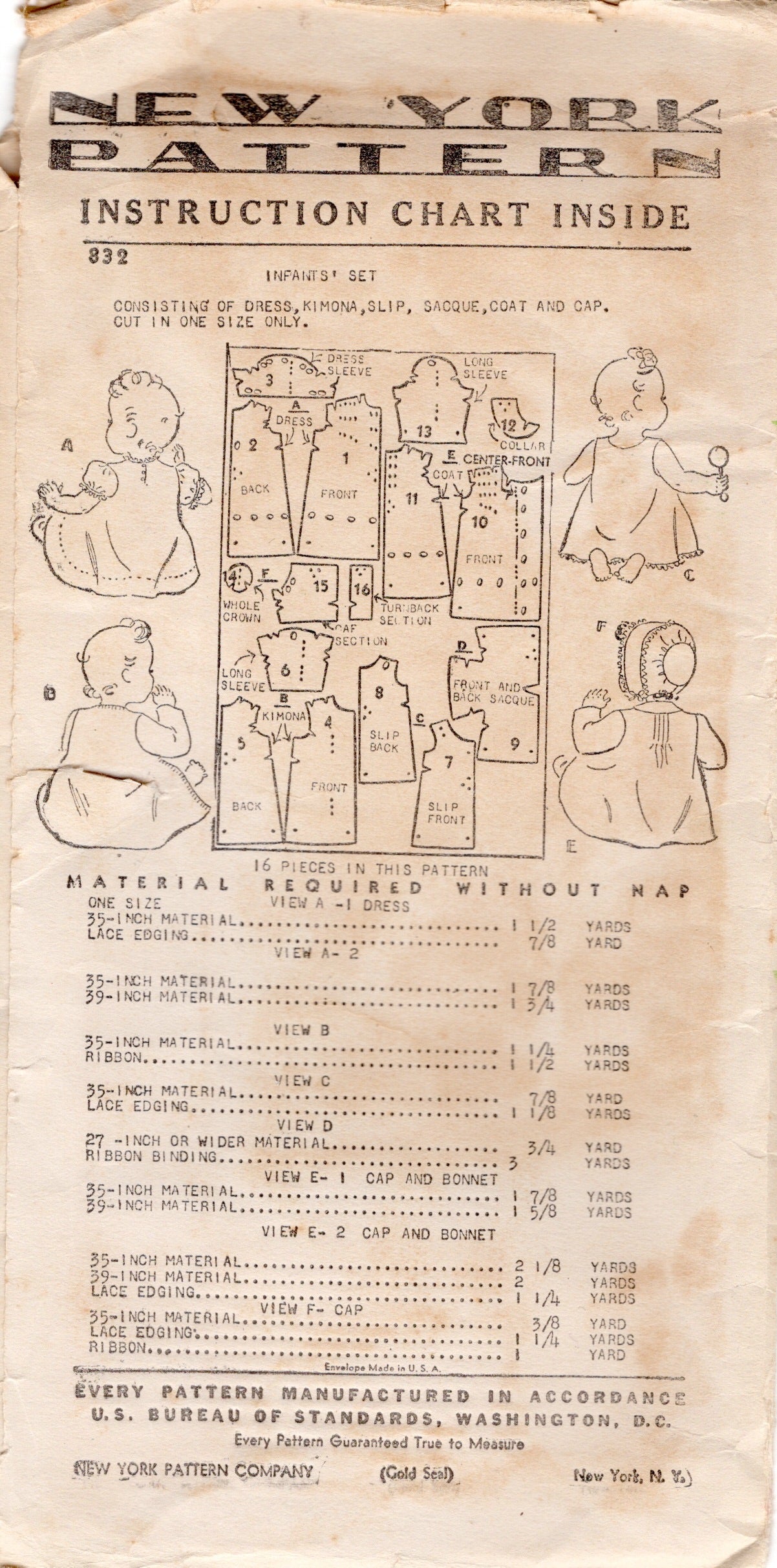 1940's New York Infant's Layette, Bonnet, Jacket and Dress Pattern - Infant - No. 832