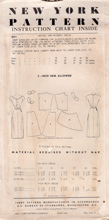 1950's New York Scallop or High Neckline Dress Pattern with Peplum - Bust 36" - No. 691