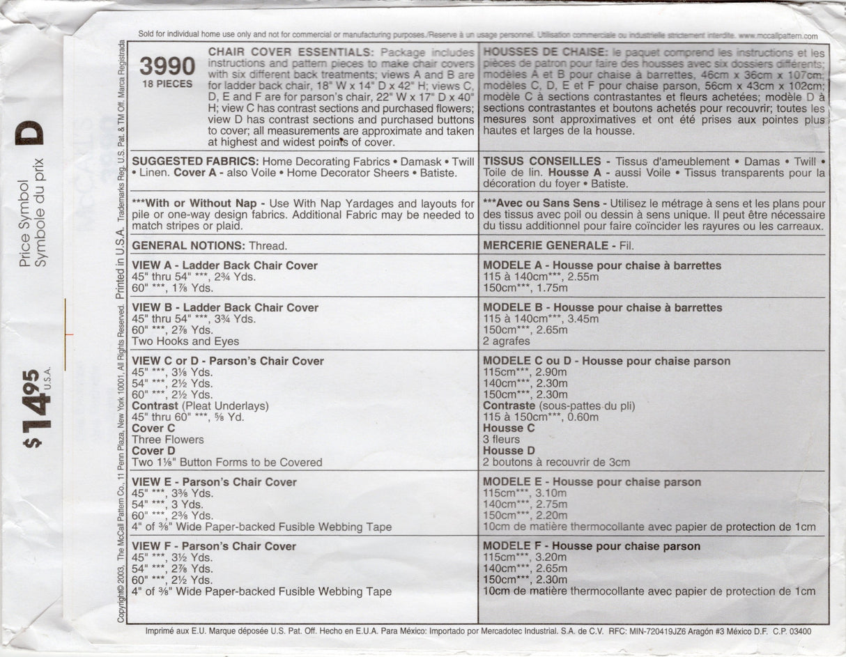 2000’s McCall’s Home Decorating Chair Covers Pattern - No. 3990