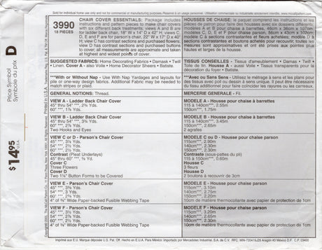 2000’s McCall’s Home Decorating Chair Covers Pattern - No. 3990