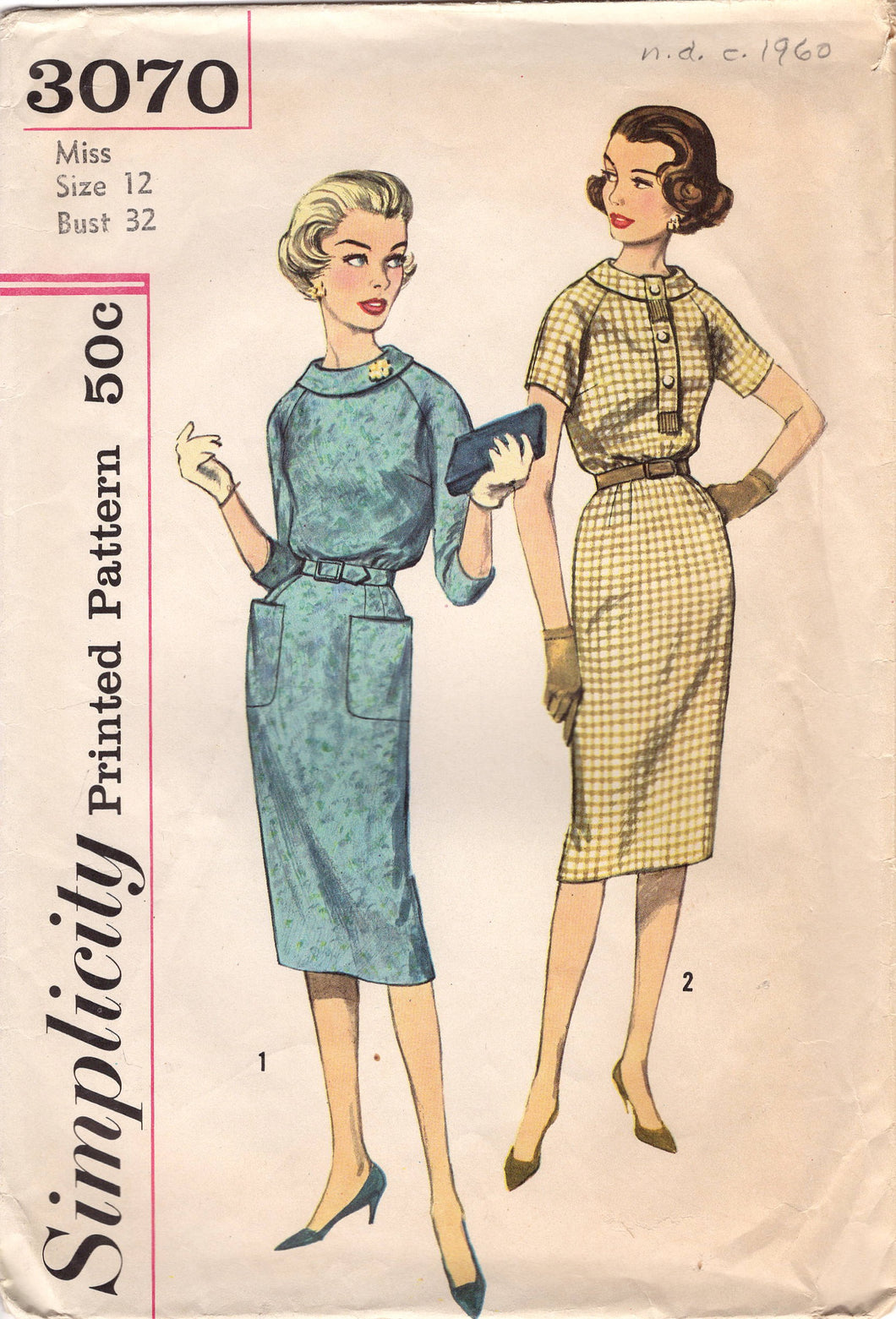 1950's Simplicity Sheath Dress Pattern with Rolled Collar and Raglan Sleeves - Bust 32