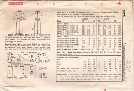 1950's Simplicity Sheath Dress Pattern with Rolled Collar and Raglan Sleeves - Bust 32" - No. 3070