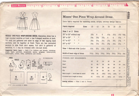 1960's Simplicity Back Wrapped Dress Pattern with High Neckline - Bust 34" - No. 4986