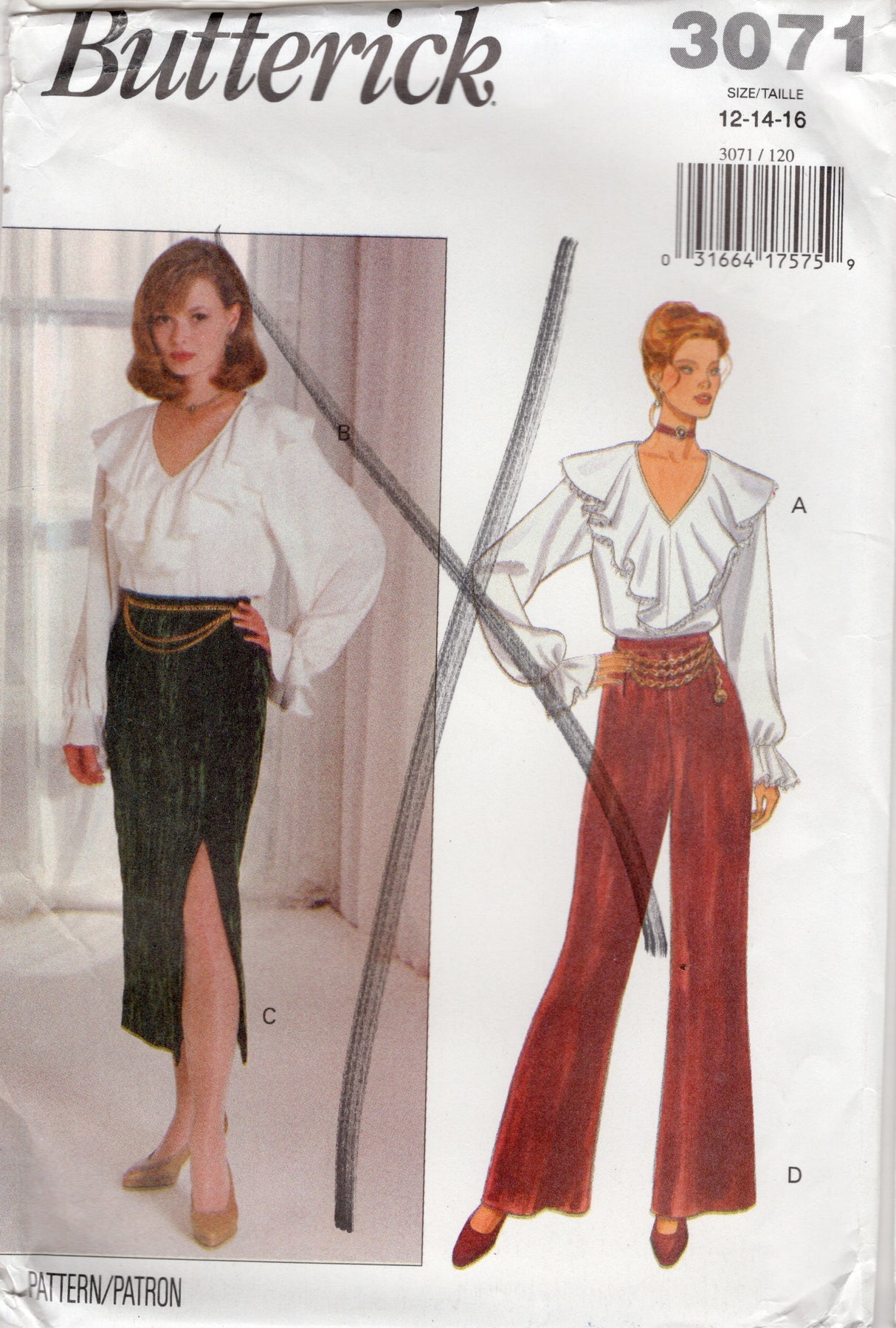 1990's Butterick V-Neck Shirt with large Collar, Pants and Skirt with Slit Pattern - Bust 34-38" - No. 3071