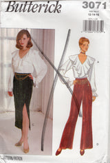 1990's Butterick V-Neck Shirt with large Collar, Pants and Skirt with Slit Pattern - Bust 34-38" - No. 3071
