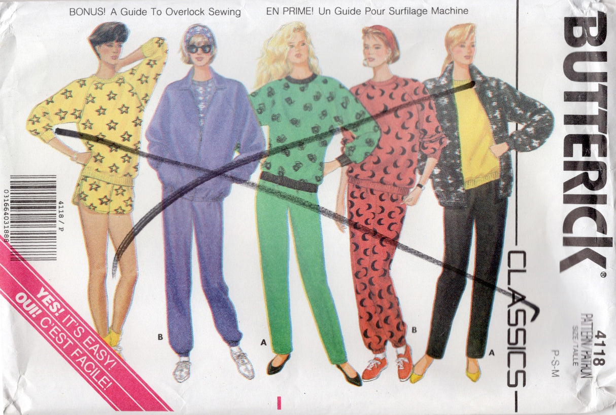 1980's Butterick Pullover or Zip Front Sweatershirt, Sweatpants or Shorts Pattern - Bust 30.5-36" - no. 4118