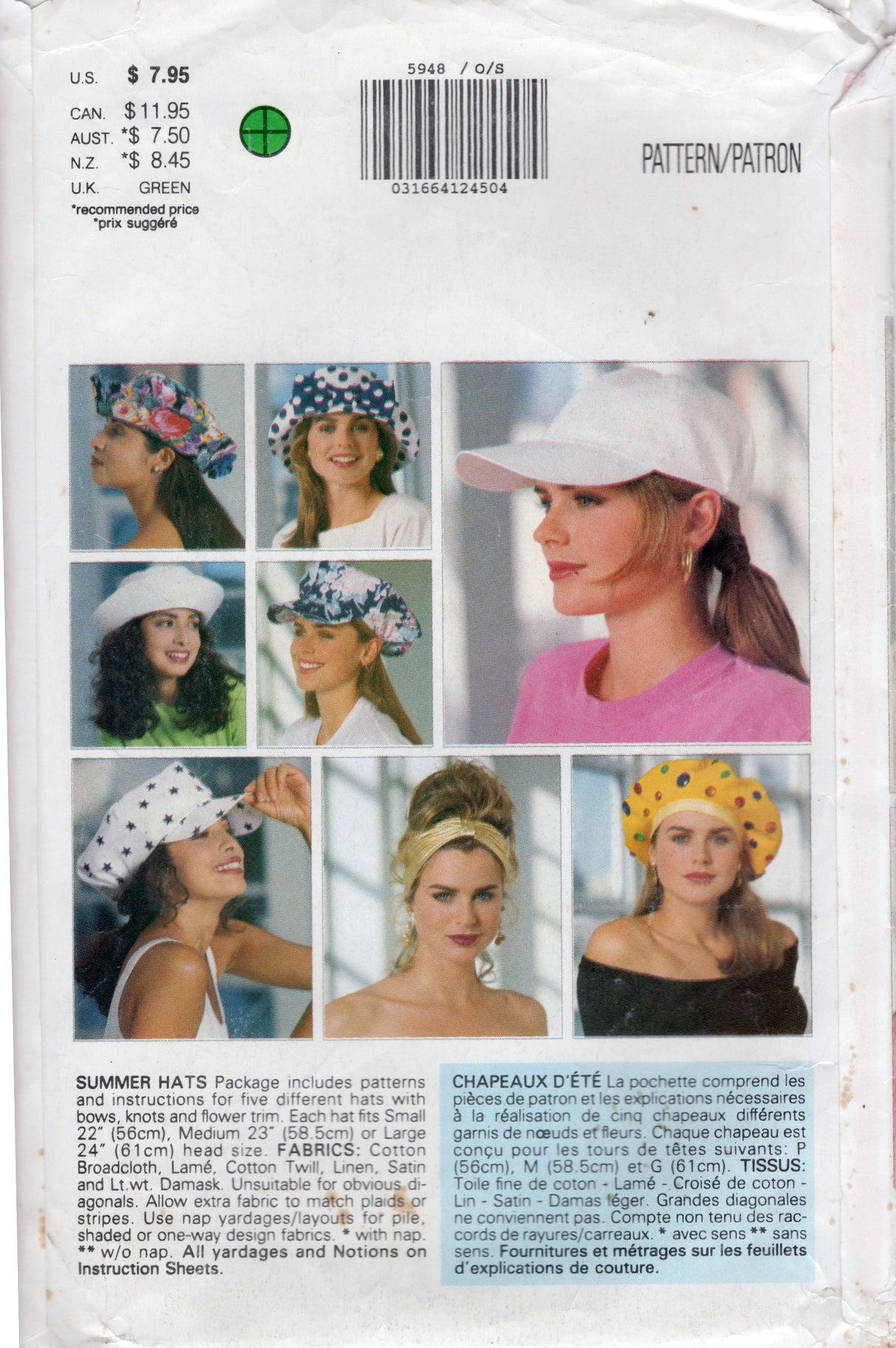 1990's Butterick 13 Varieties of Hats Pattern - One Size - No. 5948