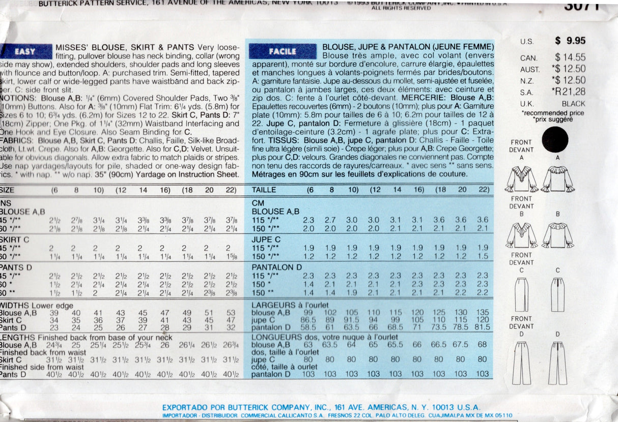 1990's Butterick V-Neck Shirt with large Collar, Pants and Skirt with Slit Pattern - Bust 34-38" - No. 3071