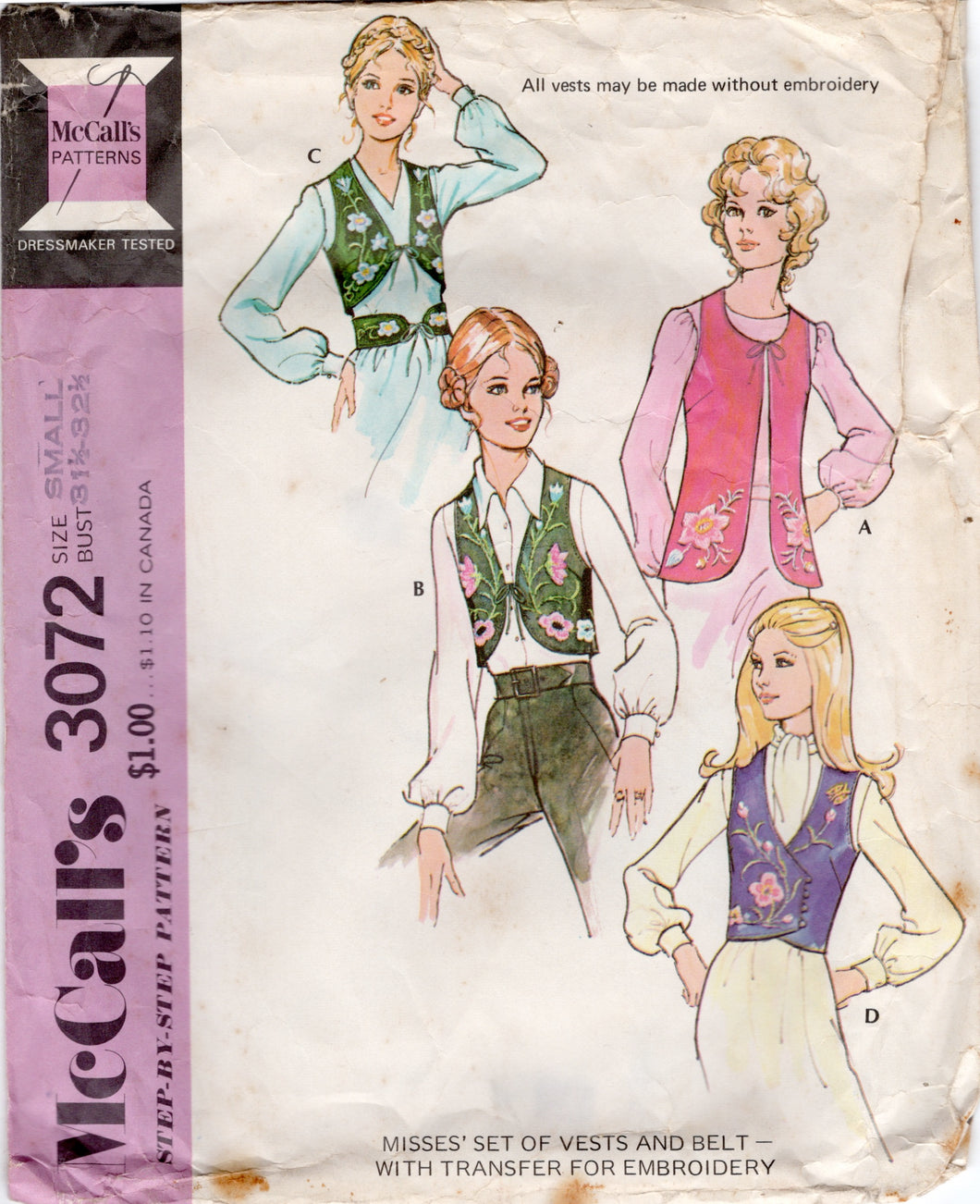 1970's McCall's Vest in 4 Styles and Belt pattern - Bust 31.5-32.5