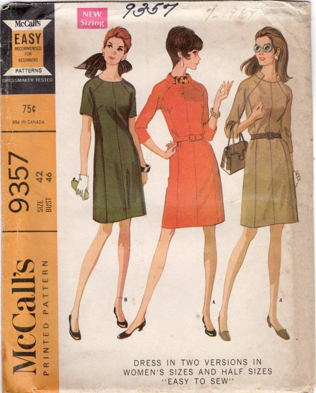 1970's McCall's One Piece Sheath Dress Pattern with Mandarin Collar and Raglan Sleeves - Bust 46