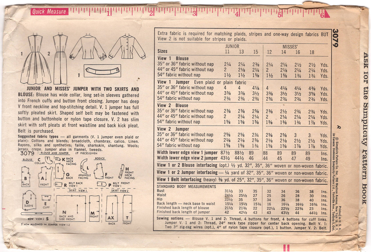 1950's Simplicity Jumper Dress Pattern with Two Skirt styles and Blouse - Bust 36" - No. 3079