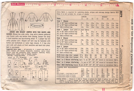 1950's Simplicity Jumper Dress Pattern with Two Skirt styles and Blouse - Bust 36" - No. 3079