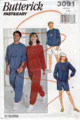 1990's Butterick Unisex Sweatshirt, Shorts and Sweatpants Pattern - Bust 42-48" - No. 3091