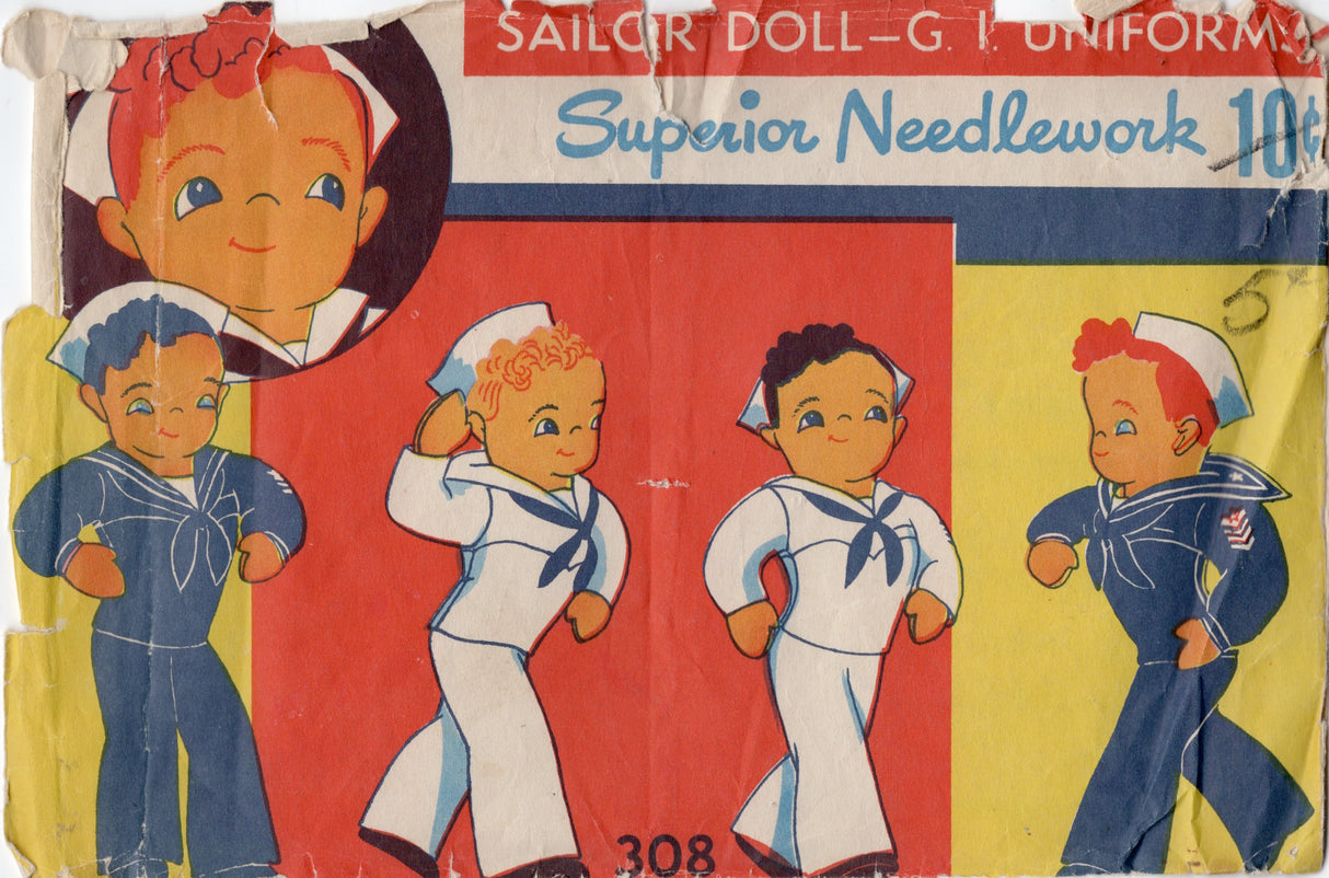 1940's Superior Sailor Rag Doll and 2 Uniforms Pattern - 12" doll - No. 308