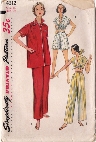 1950's Simplicity Two Piece Pajama Set with optional Tie Top and Shorts - Bust 34