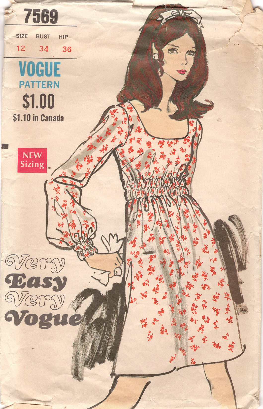1970's Vogue One Piece Dress Pattern with Elastic Waist and Scoop Neckline - Bust 34