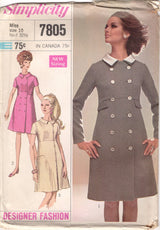 1960's Simplicity Double Breasted Coat Dress pattern with Short or Long Sleeves - Bust 32.5" - No. 7805