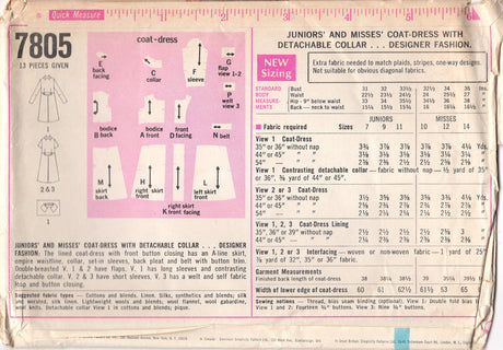 1960's Simplicity Double Breasted Coat Dress pattern with Short or Long Sleeves - Bust 32.5" - No. 7805