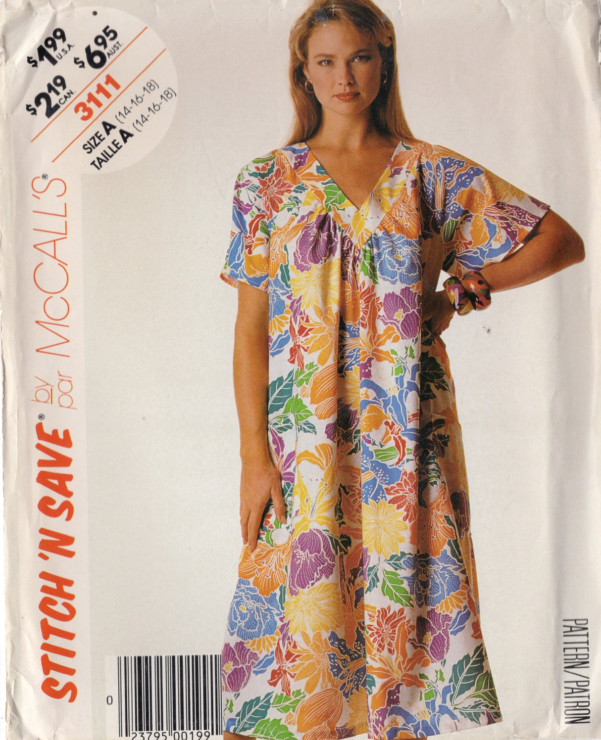 1980's McCall's MuuMuu Dress Pattern with Raglan Sleeves - Bust 36-40" - No. 3111